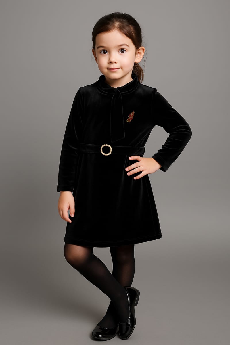 Elegant Black Velvet A-Line Dress with Tie-Neck Collar and Belt