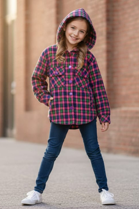 Girls' Button-Up Plaid Outerwear with Dual Chest Pockets