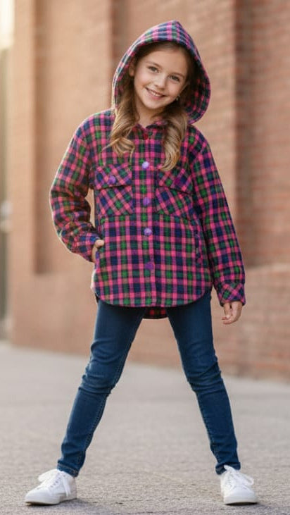 Girls' Button-Up Plaid Outerwear with Dual Chest Pockets