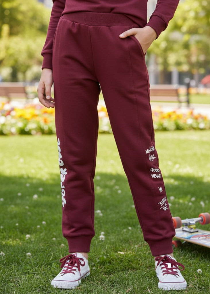 Cozy Maroon Joggers with Vertical Script Graphic Print