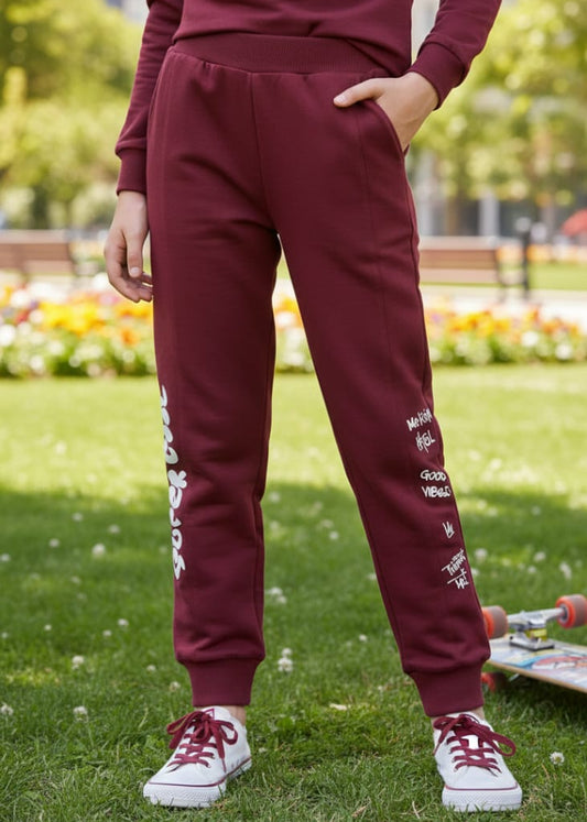 Cozy Maroon Joggers with Vertical Script Graphic Print