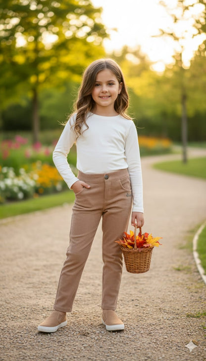 Classic Youth Flat-Front Chinos / Casual Pants in Neutral Beige