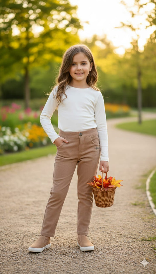 Classic Youth Flat-Front Chinos / Casual Pants in Neutral Beige