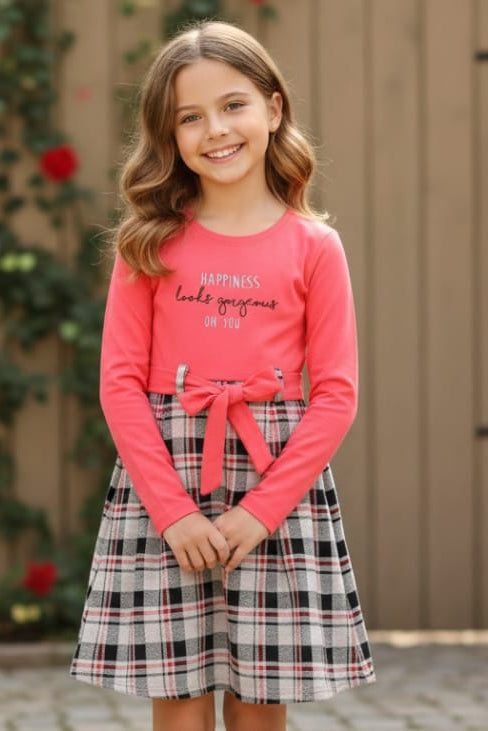 Coral  Top & Plaid Skirt Girls' Dress | "Looks Gorgeous" Printed Casual Wear