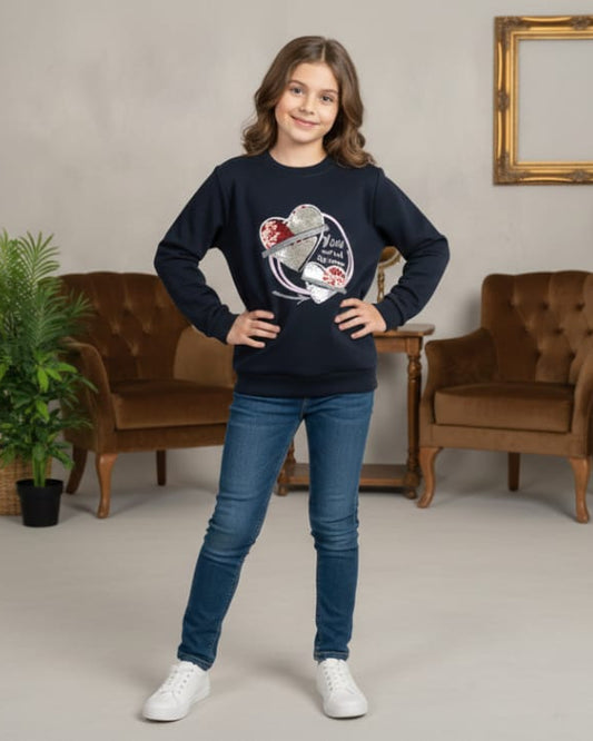 Chic Girls' Black Long-Sleeve Top with Detailed Heart/Flower Graphic