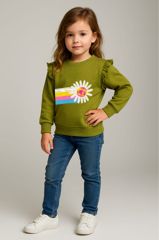 Charming Kids' Green Daisy Appliqué Sweater with Rainbow Knit Stripe