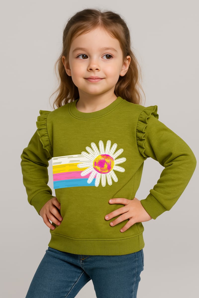 Charming Kids' Green Daisy Appliqué Sweater with Rainbow Knit Stripe