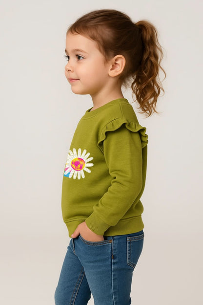 Charming Kids' Green Daisy Appliqué Sweater with Rainbow Knit Stripe