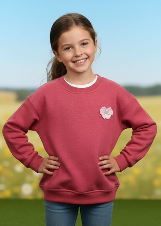 Sweet Girls' Bright Red Crewneck Sweatshirt with Delicate Bow Appliqué