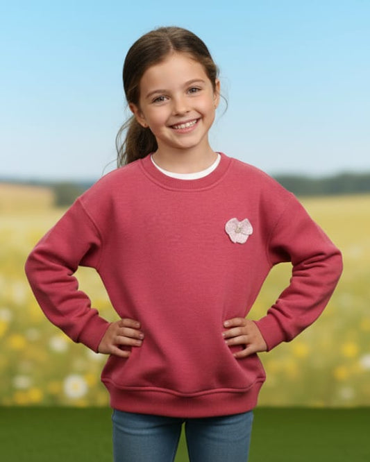 Sweet Girls' Bright Red Crewneck Sweatshirt with Delicate Bow Appliqué