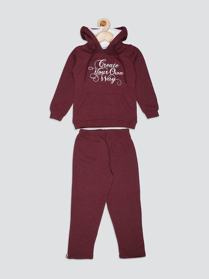 Create Way Extra Warm Girls Solid Hoddie Co-ord Set-Wine