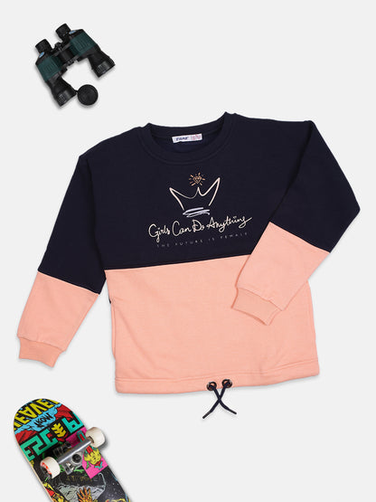 ZIAMA GIRLS PRINTED FULL SELEVE SWEATSHIRT-NAVY/PEACH
