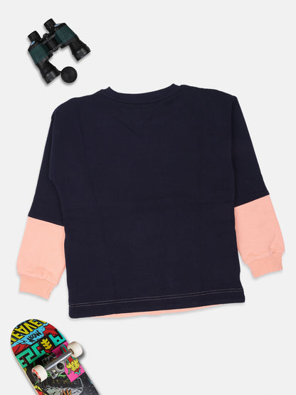ZIAMA GIRLS PRINTED FULL SELEVE SWEATSHIRT-NAVY/PEACH