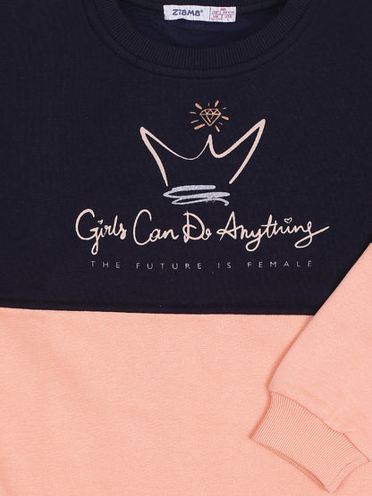ZIAMA GIRLS PRINTED FULL SELEVE SWEATSHIRT-NAVY/PEACH