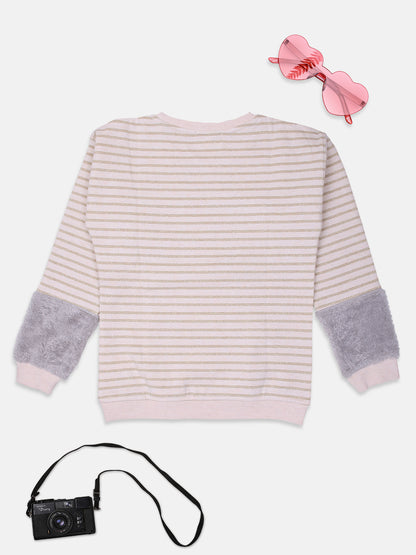 ZIAMA GIRLS STRIPED FULL SELEVE SWEATSHIRT-FAWN