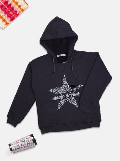 ZIAMA GIRLS STAR PRINTED FULL SELEVE WITH HODDIE SWEATSHIRT-DKGREY