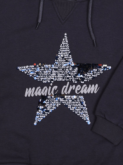 ZIAMA GIRLS STAR PRINTED FULL SELEVE WITH HODDIE SWEATSHIRT-DKGREY
