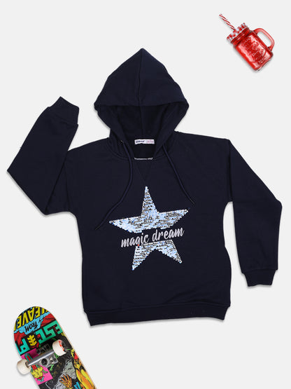 ZIAMA GIRLS STAR PRINTED FULL SELEVE WITH HODDIE SWEATSHIRT-NAVY