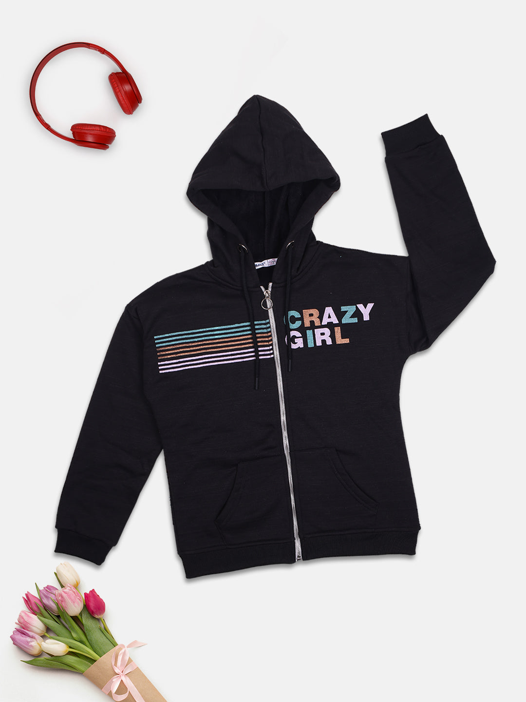 ZIAMA GIRLS PRINTED FULL SELEVE WITH HODDIE & ZIPPER SWEATSHIRT-BLACK