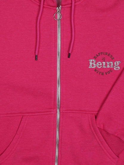 ZIAMA GIRLS PRINTED FULL SELEVE WITH HODDIE & ZIPPER SWEATSHIRT-MAGENTA