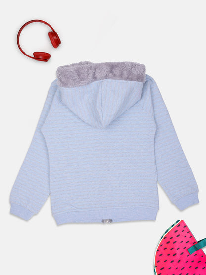 ZIAMA GIRLS STRIPED FULL SELEVE WITH HODDIE & ZIPPER SWEATSHIRT-SKY