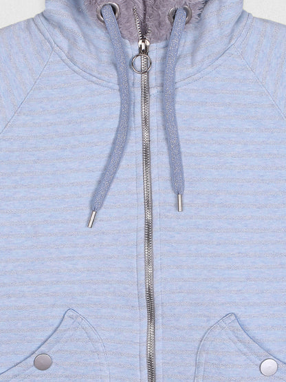 ZIAMA GIRLS STRIPED FULL SELEVE WITH HODDIE & ZIPPER SWEATSHIRT-SKY