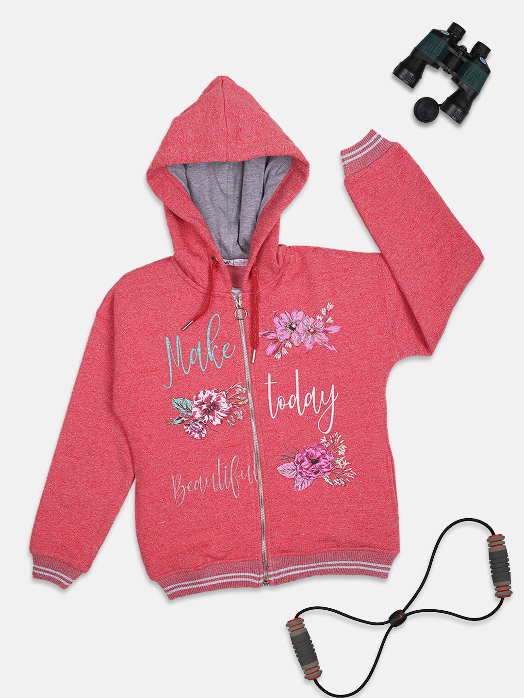 ZIAMA GIRLS FLORAL PRINTED FULL SELEVE WITH HODDIE & ZIPPER SWEATSHIRT-RED