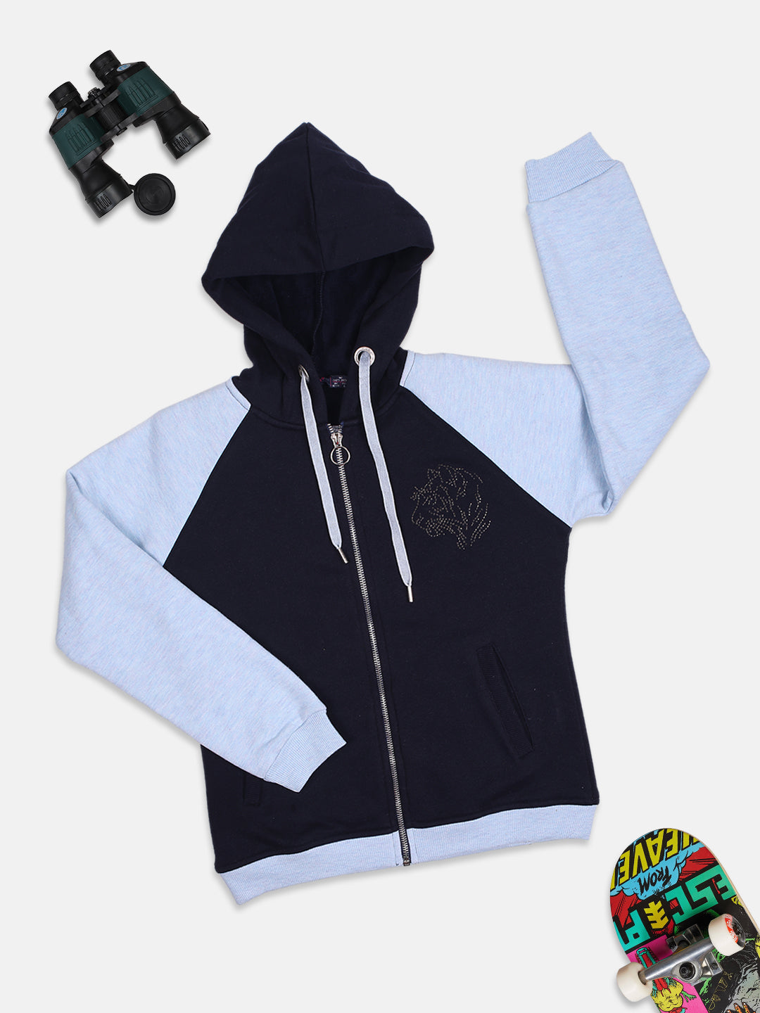 ZIAMA GIRLS PRINTED FULL SELEVE WITH HODDIE & ZIPPER SWEATSHIRT-NAVY