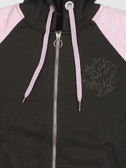 ZIAMA GIRLS PRINTED FULL SELEVE WITH HODDIE & ZIPPER SWEATSHIRT-OLIVE