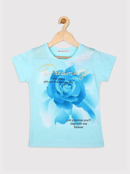 Nins Moda Girls Flower Printed Stretchable Top- Sky