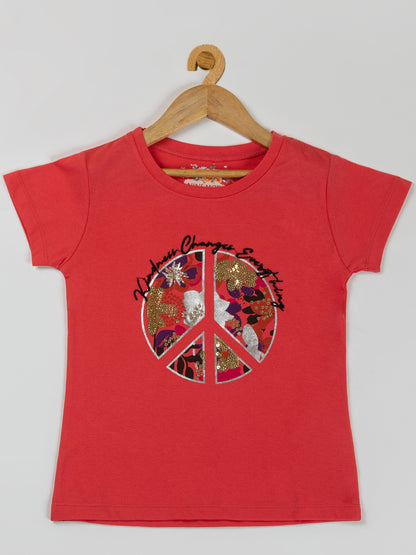 Pampolina Girls Flower Printed Stretchable Top- Coral