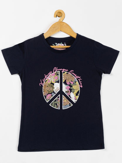 Pampolina Girls Sequined Printed Top-Navy