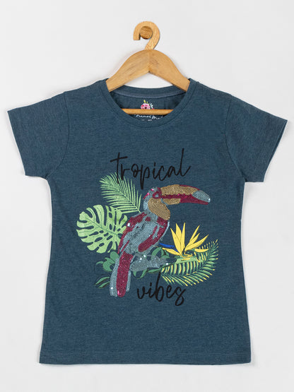 Pampolina Girls Flower Printed Stretchable Top- Teal