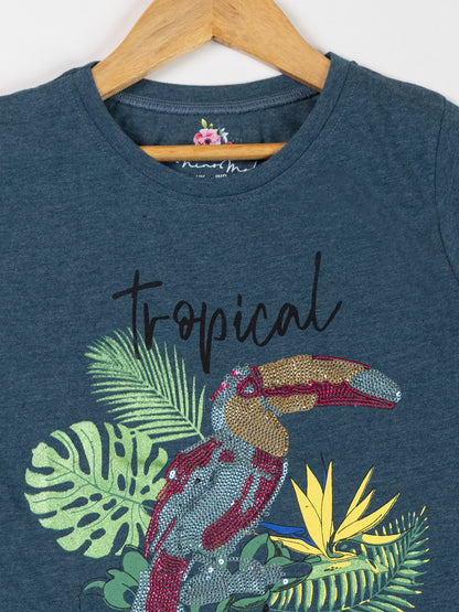Pampolina Girls Flower Printed Stretchable Top- Teal