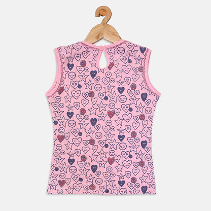 Nins Moda Girls Heart Printed Seleve less Top- Pink