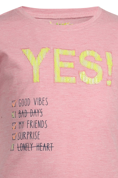 Pampolina Girls  Text Sequined Printed Top - Peach