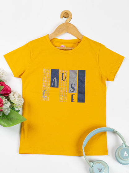 Pampolina  Girls Sequin Printed Top -Mustard