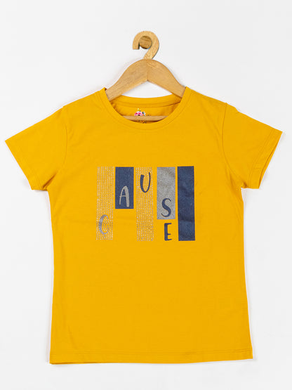 Pampolina  Girls Sequin Printed Top -Mustard