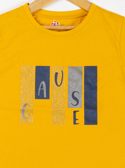 Pampolina  Girls Sequin Printed Top -Mustard