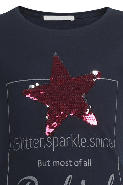 Pampolina Girls  Sequined Printed Top - Navy