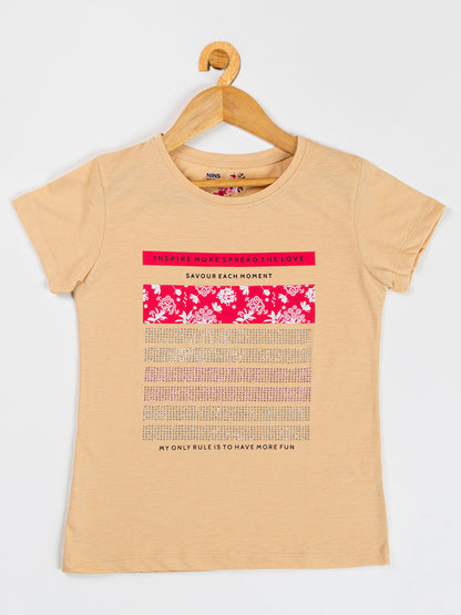 Pampolina Girls Flower Sequin Printed Top -Fawn