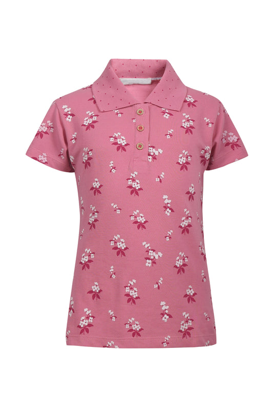 Pampolina Girls Allover Floral Printed Pique Kint Collar T-Shirt - Pink