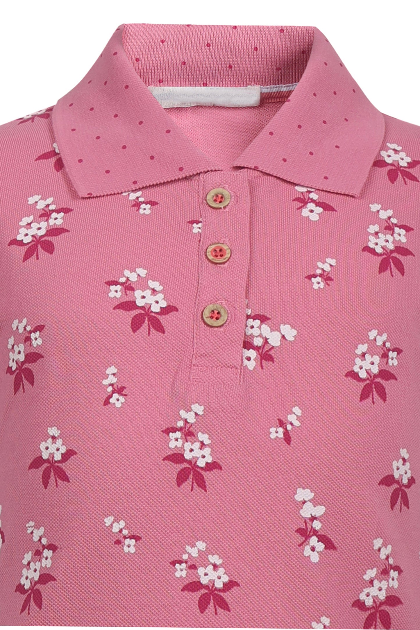 Pampolina Girls Allover Floral Printed Pique Kint Collar T-Shirt - Pink