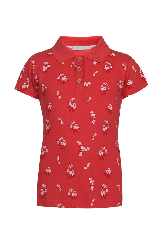 Pampolina Girls Allover Floral Printed Pique Kint Collar T-Shirt - Coral