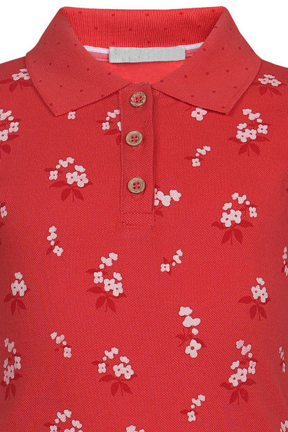 Pampolina Girls Allover Floral Printed Pique Kint Collar T-Shirt - Coral