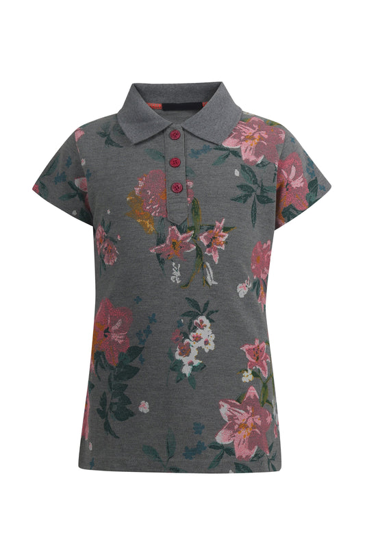 Pampolina Girls Allover Floral Printed Pique Kint Collar T-Shirt - Grey
