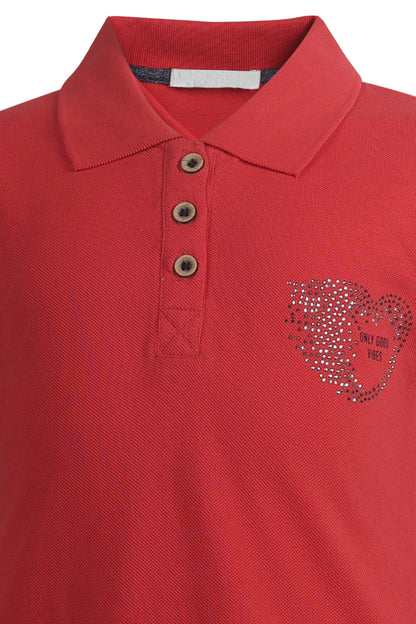 Pampolina Girls  Sequined Printed Pique Kint Collar T-Shirt - Coral