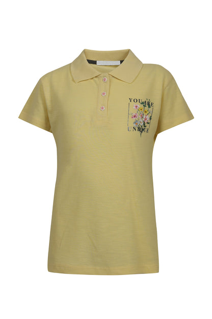 Pampolina Girls  Sequined Printed Pique Kint Collar T-Shirt - Lemon
