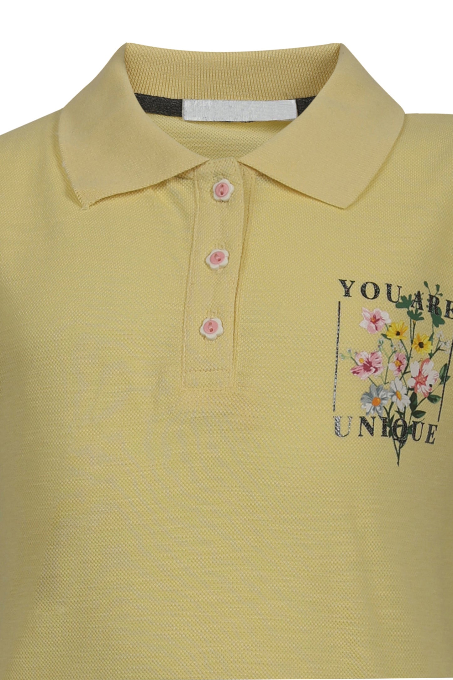 Pampolina Girls  Sequined Printed Pique Kint Collar T-Shirt - Lemon