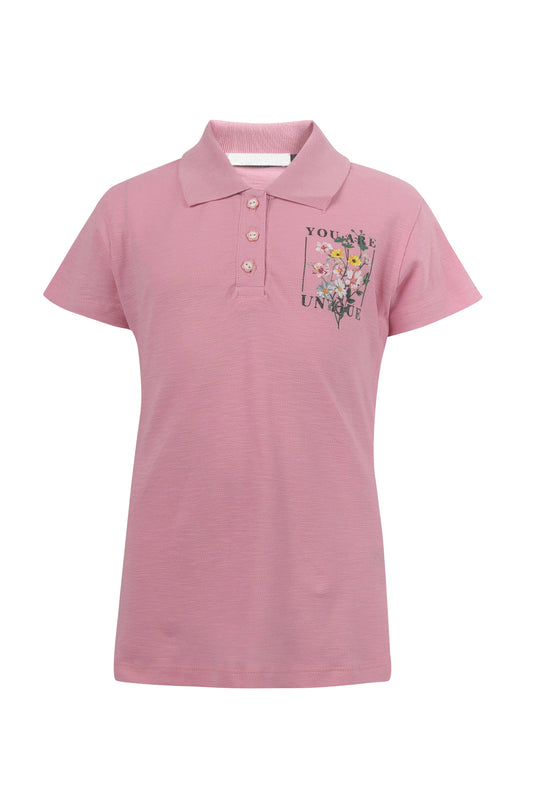 Pampolina Girls  Sequined Printed Pique Kint Collar T-Shirt - Pink